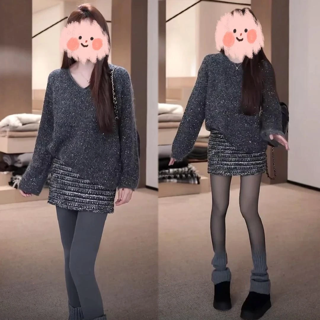 新款春装慵懒风圆领套头针织毛衣女上衣细闪半裙两件套装