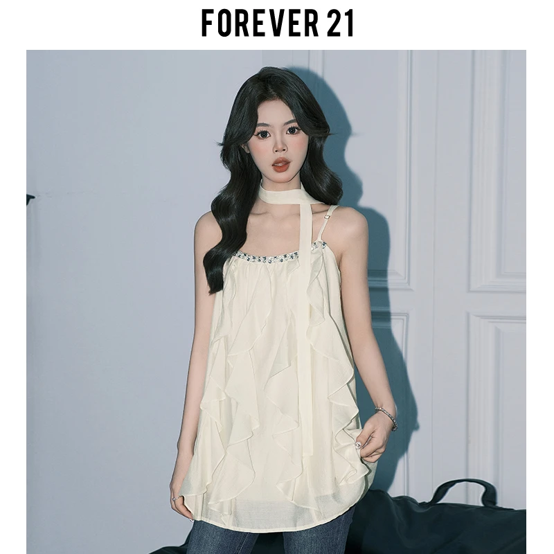 Forever21独特法式荷叶边吊带连衣裙女初夏杏色A字短裙叠穿伞裙子