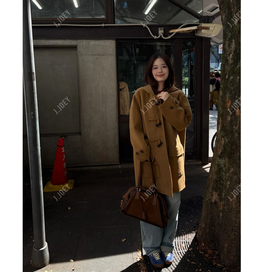J.JOEY 100绵羊毛秋冬卡其色连帽双面尼中长款大衣风衣外套 0684