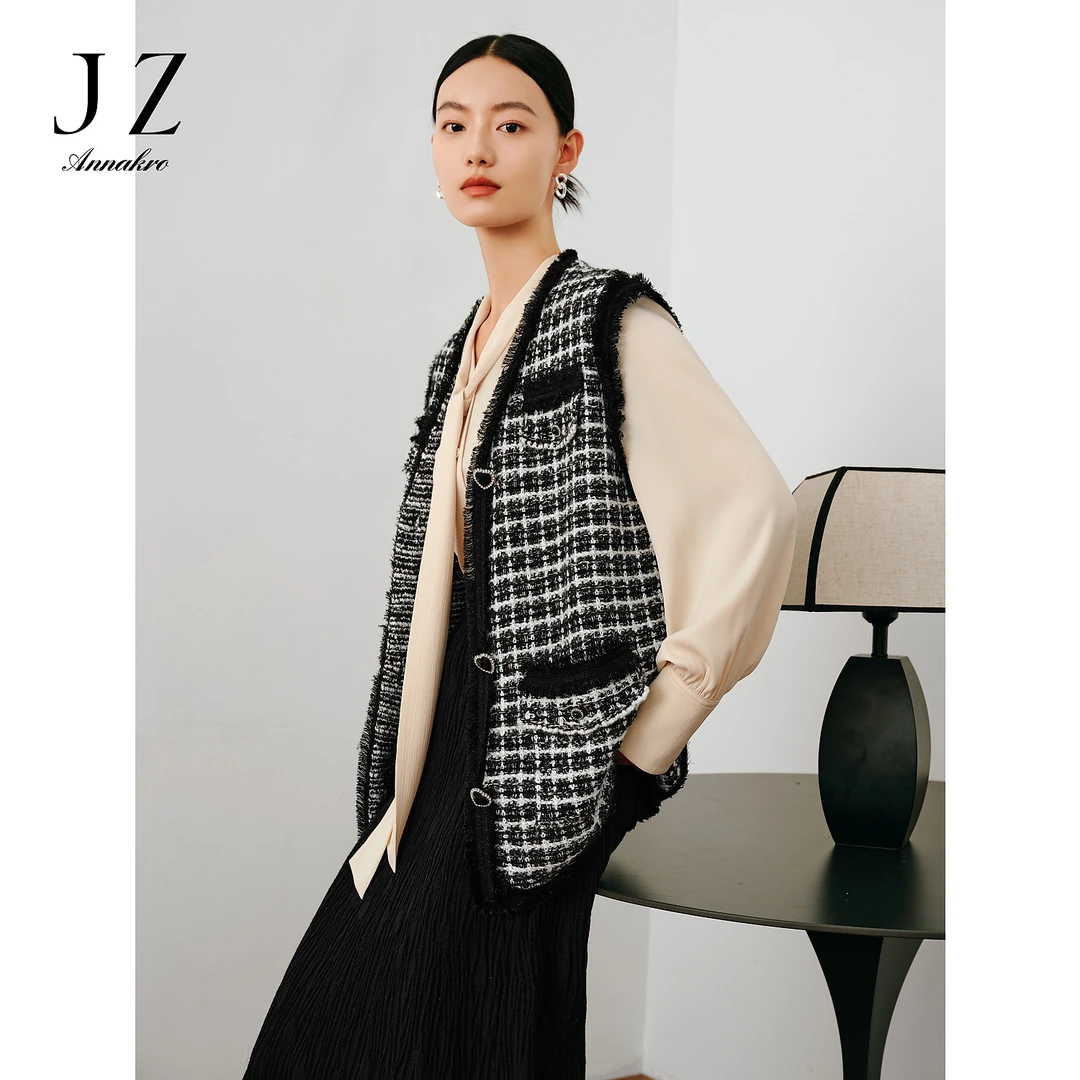 【晨粉专享价】玖姿安娜蔻JTDQ30901粗花呢开衫毛衫背心女