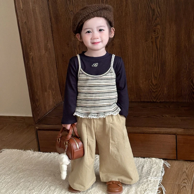 女童秋季套装2025新款宝宝洋气条纹背心长袖打底衫儿童直筒裤潮