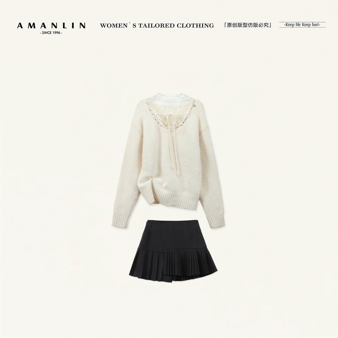 AMANLIN/阿谩琳琥珀流光慵懒风V领系带针织衫宽松毛衣套装S603858