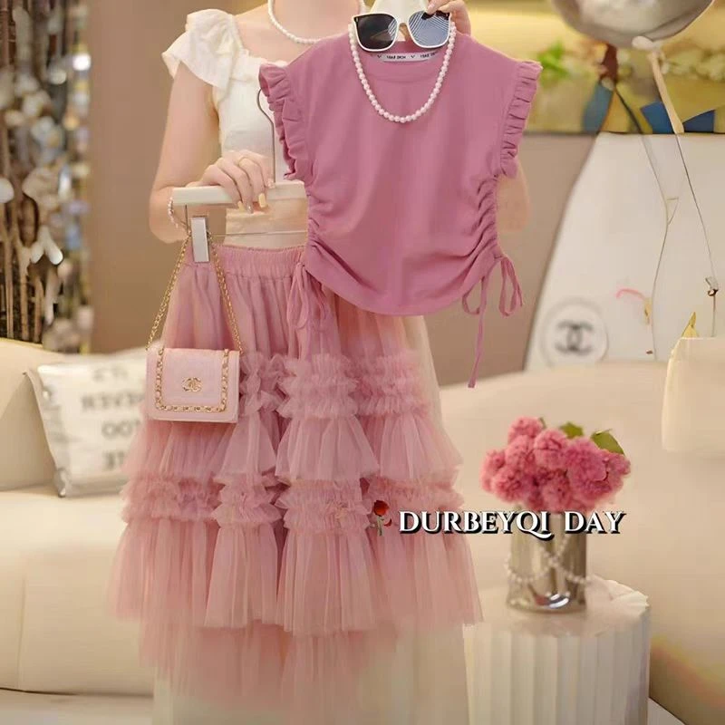 女童夏装2025网红公主短袖蛋糕裙套装小女孩甜美网纱裙儿童两件套