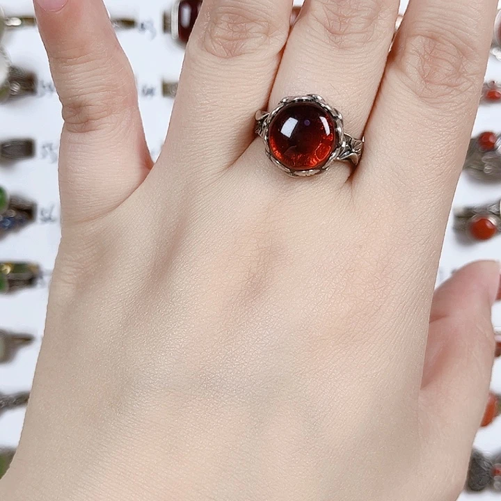 血珀银S925镶嵌戒指天然