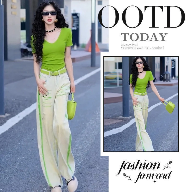 夏季穿搭一整套女2025新款洋气减龄短袖T恤气质显瘦牛仔裤两件套