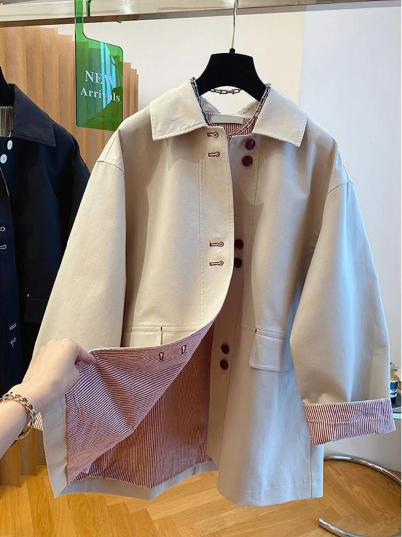 高级感米色风衣女式2025新款韩版宽松休闲文艺中长款长袖翻领外套