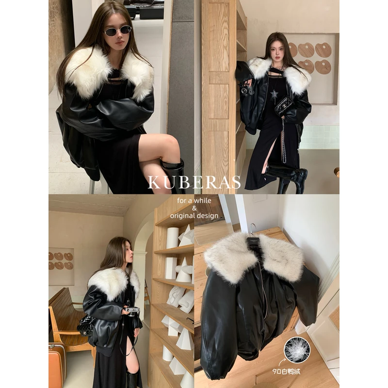 KUBERAS「大毛领2.0 至臻黑胶」中长款撞色大翻领PU皮夹克羽绒服