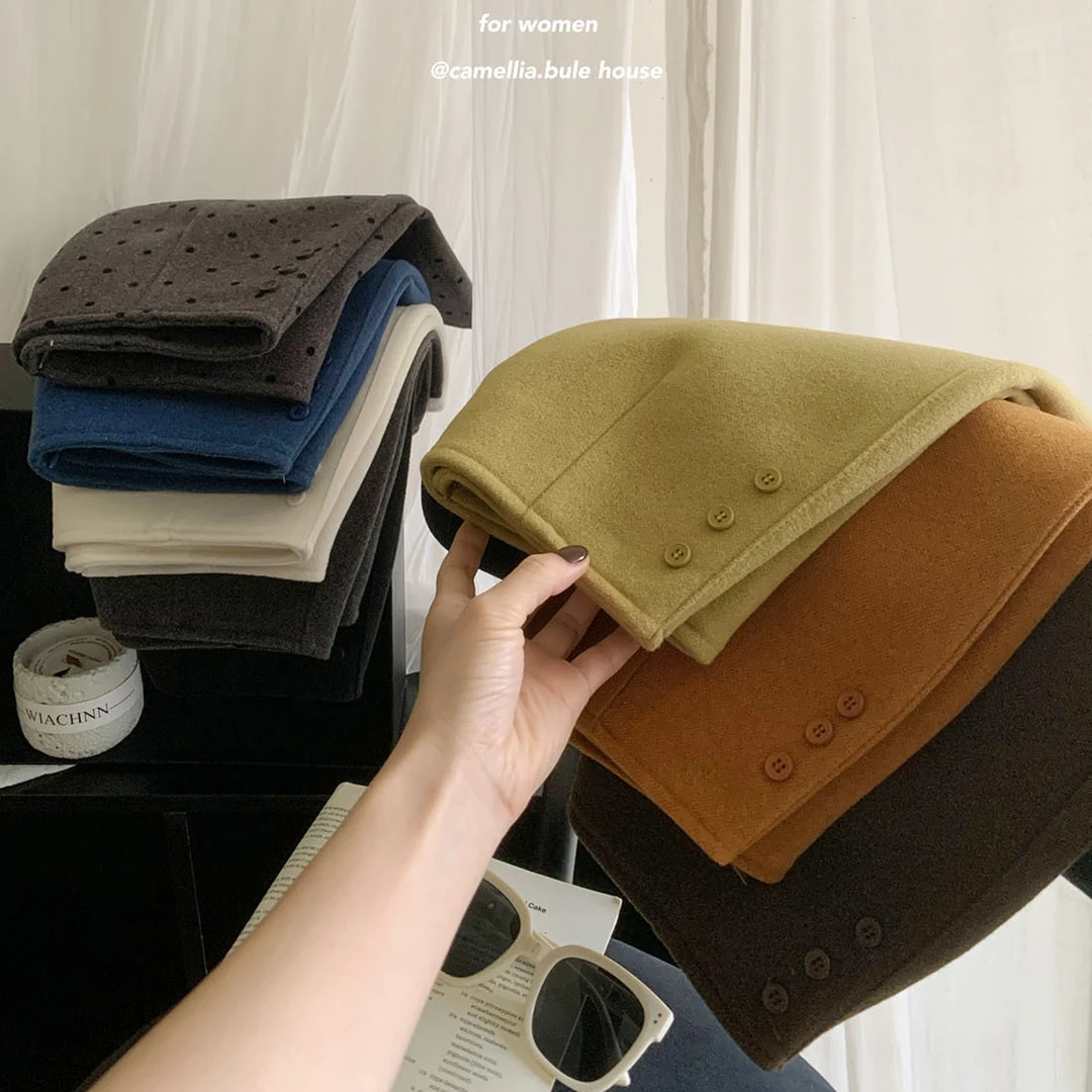 韩国简约植绒波点净版西装短裙女冬高腰复古百搭A字半身裙