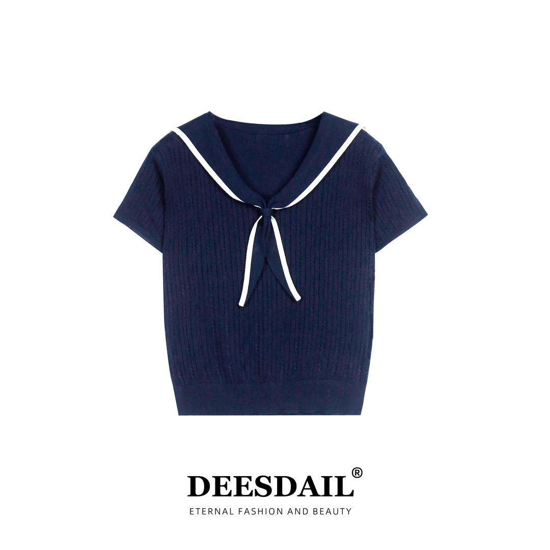 DEESDAIL藏青色海军领上衣气质显瘦百搭短袖t恤知性风衣服Y325