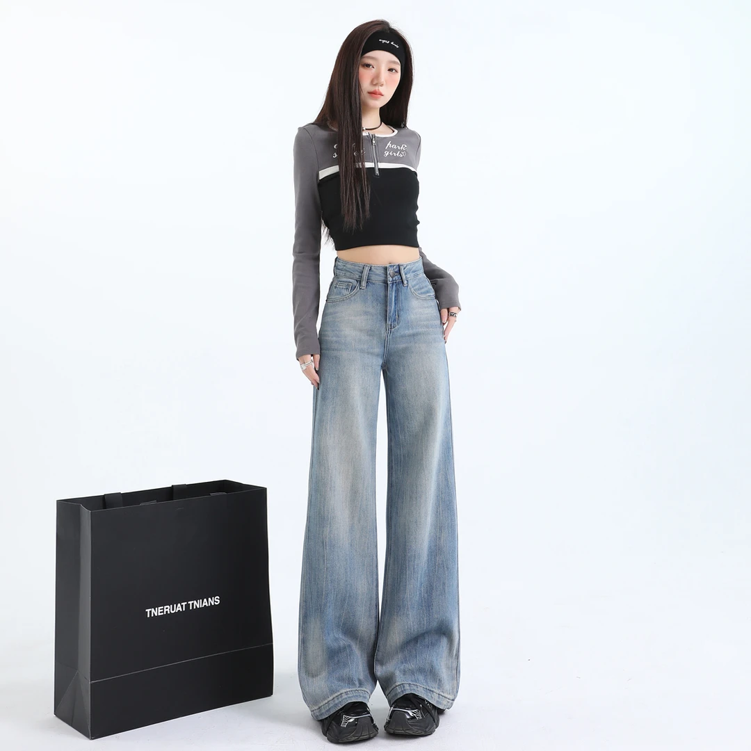 春季扎染直筒裤女款爆款2025新款高腰时尚春秋显瘦宽松百搭牛仔裤