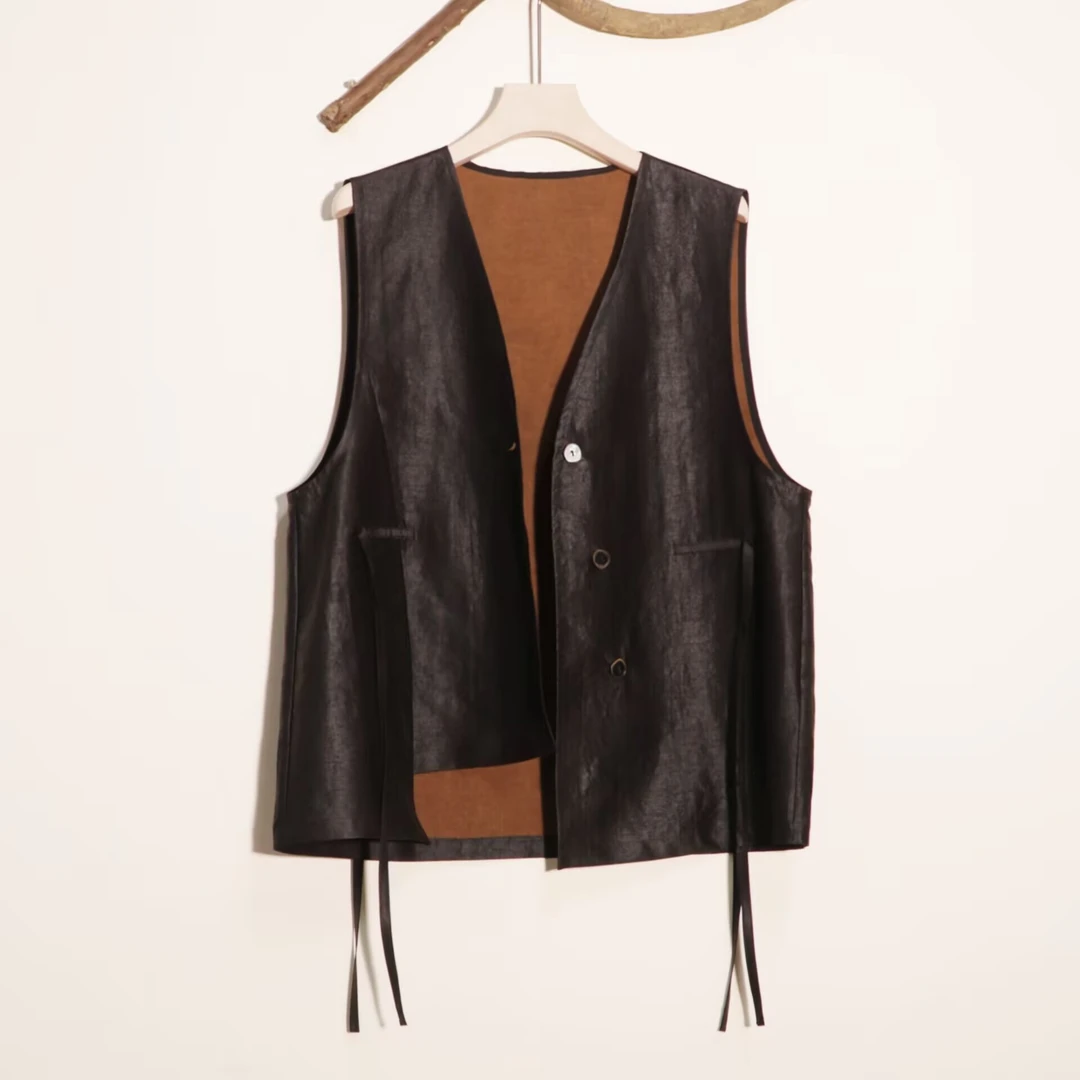 枣木100%桑蚕丝黑胶绸油龟老料新中式香云纱无袖马甲外搭