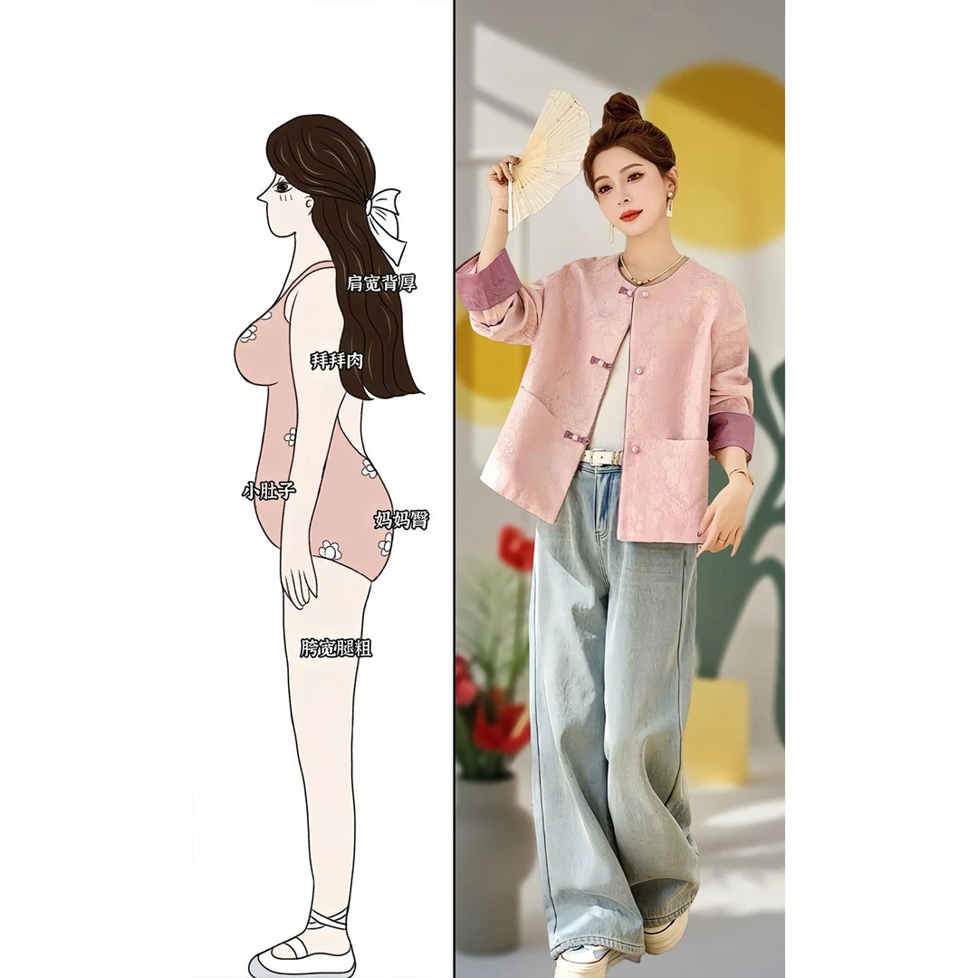 维多利亚开春穿搭一整套大码胖mm新中式粉色外套mm薄款大码牛仔裤