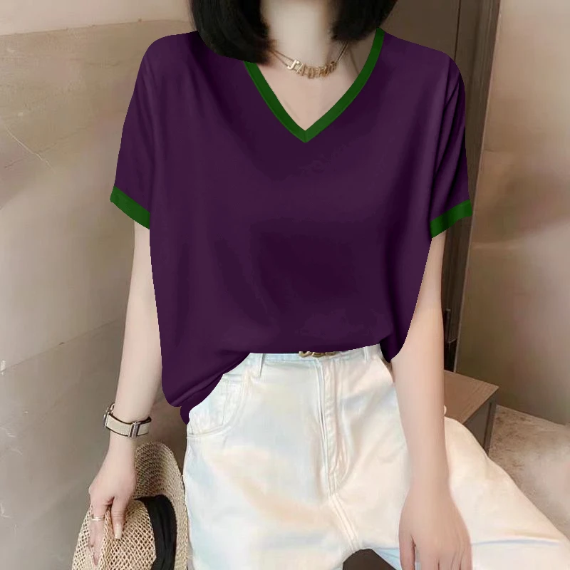 设计感V领纯棉短袖t恤女夏季2025新款拼接撞色打底衫气质百搭上衣