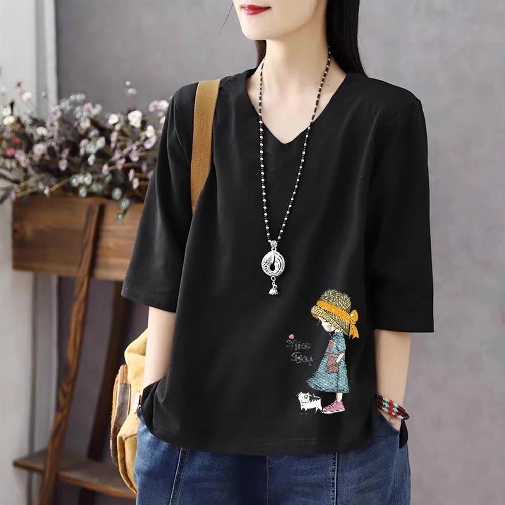 100%棉短袖t恤女夏新款休闲时尚百搭宽松遮肉秋季宽松垫肩打底T恤