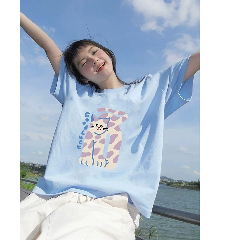 超好看可爱风奶呼呼天蓝色短袖t恤女2025新款宽松减龄纯棉上衣夏