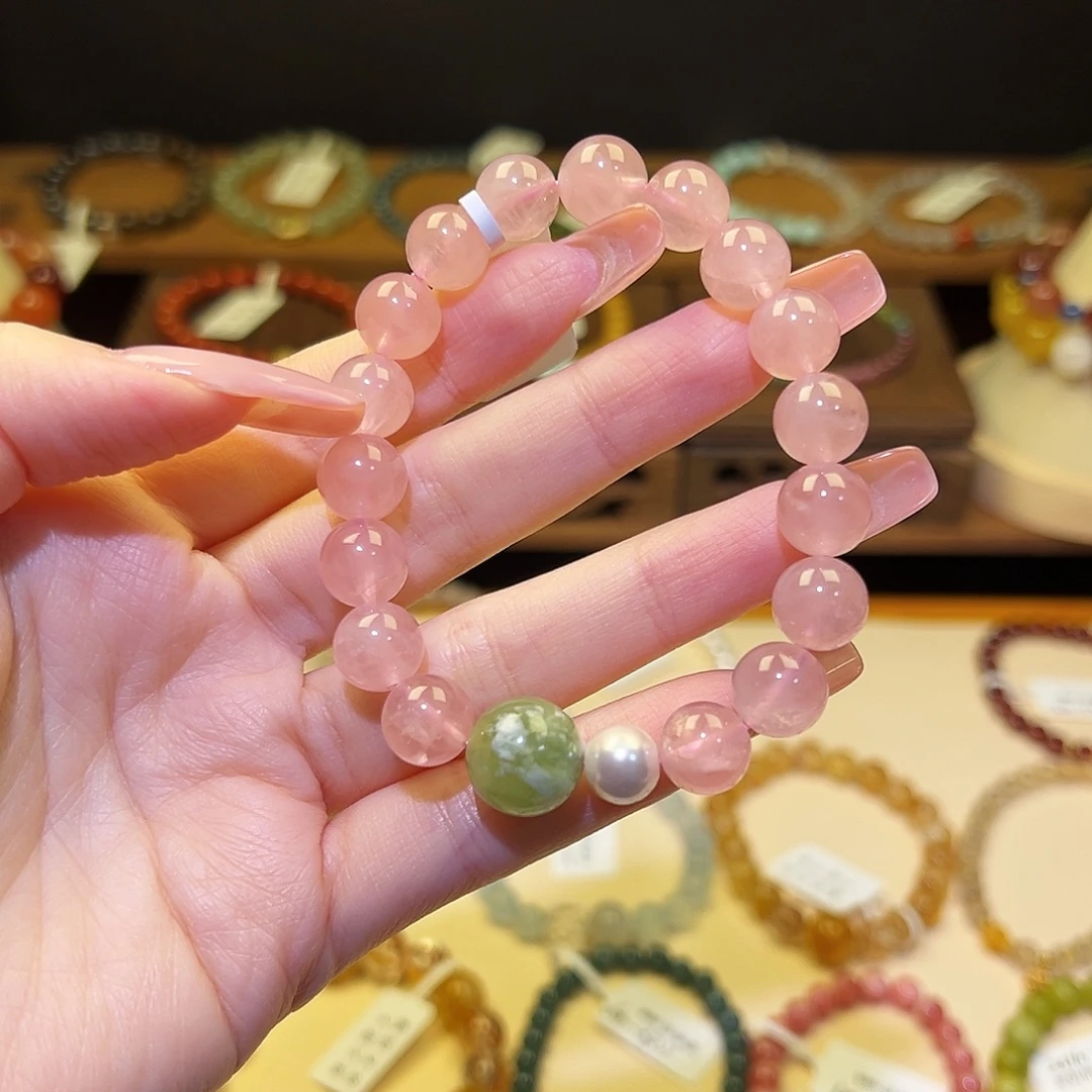 水晶手串银S925镀金镶嵌粉1402