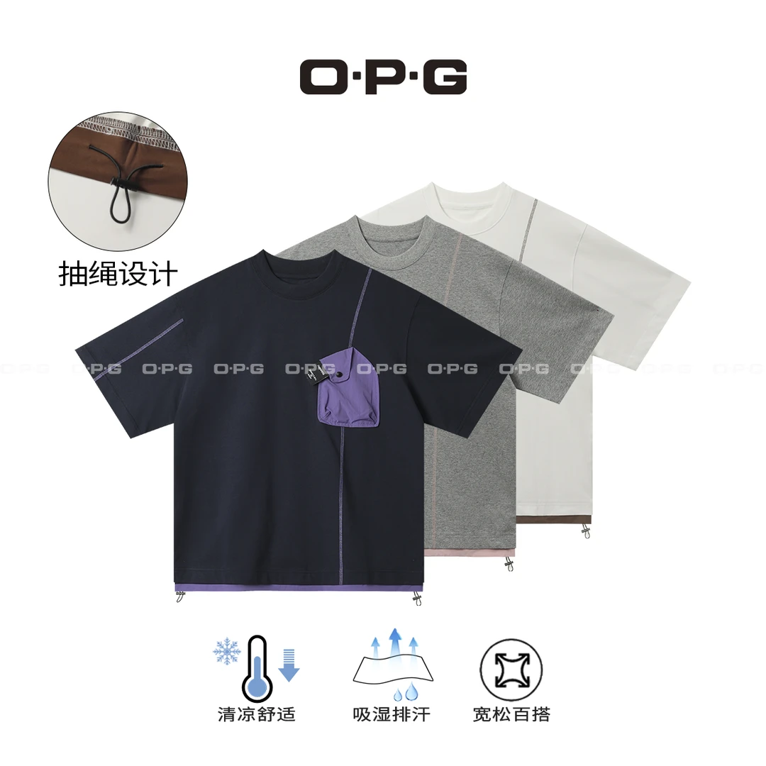 O·P·G 【小众设计抽绳拼接撞色短袖】夏季情侣百搭宽松上衣T恤68063