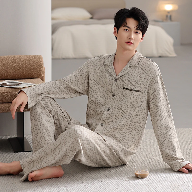 【高档纯棉】男士睡衣全棉春秋款纯棉翻领家居服长袖长裤中老年爸爸