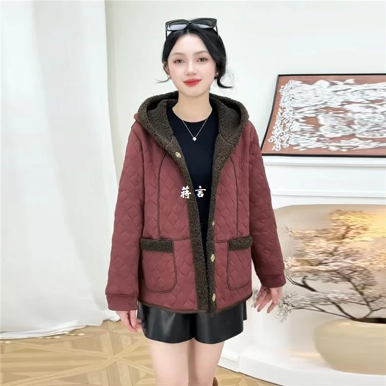 洋气妈妈颗粒绒加绒外套连帽小个子女大码休闲双面穿保暖棉服冬季