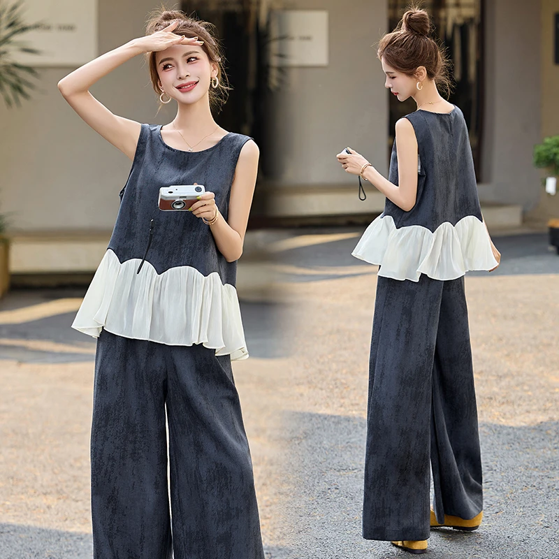 夏季减龄拼接时尚阔腿裤裤子时尚套装民族风显瘦牛仔