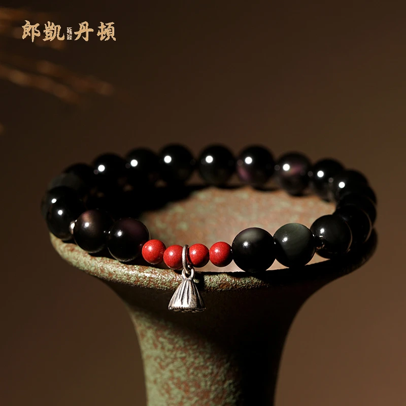 天然黑曜石佛珠莲蓬手链女静心安神小巧细转运朱砂纯银手串水晶珠