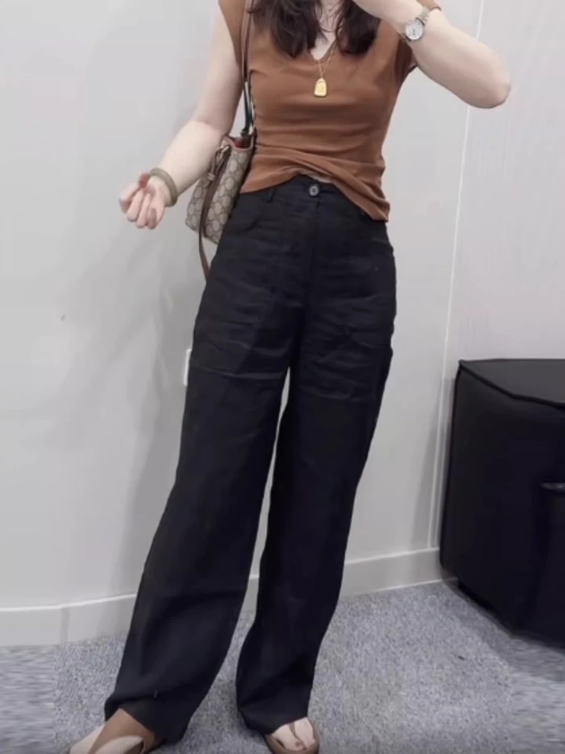 流行白色亚麻休闲裤女夏季新款大码高腰显瘦百搭黑色宽松阔腿裤女