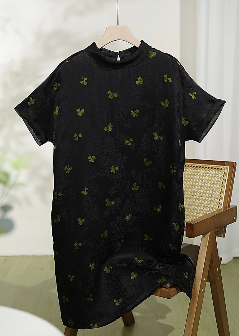 【三叶草】100%桑蚕丝香云纱桑蚕丝气质复古显瘦修身连衣裙  9L1309