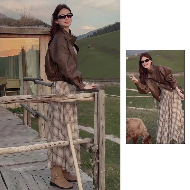 时尚chic减龄百搭格子不规则长裙女夏季2025新款小个子通勤半身裙