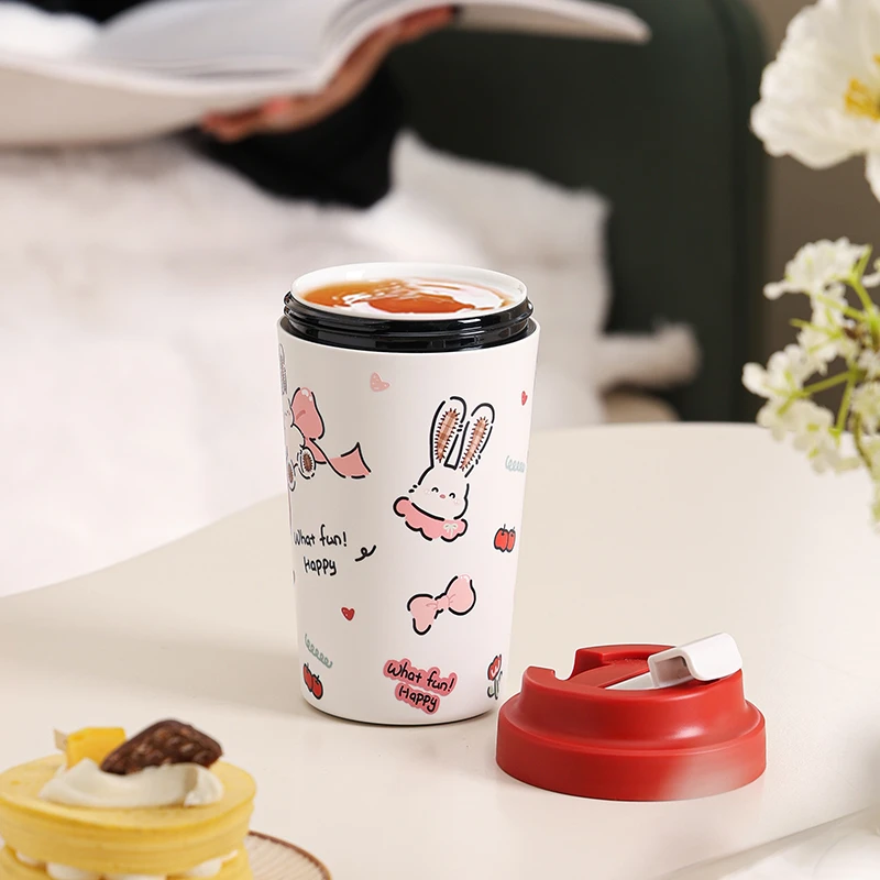 康纳斯真陶瓷内胆水杯咖啡杯子卡通带盖桌面杯泡饮料男女便捷随手