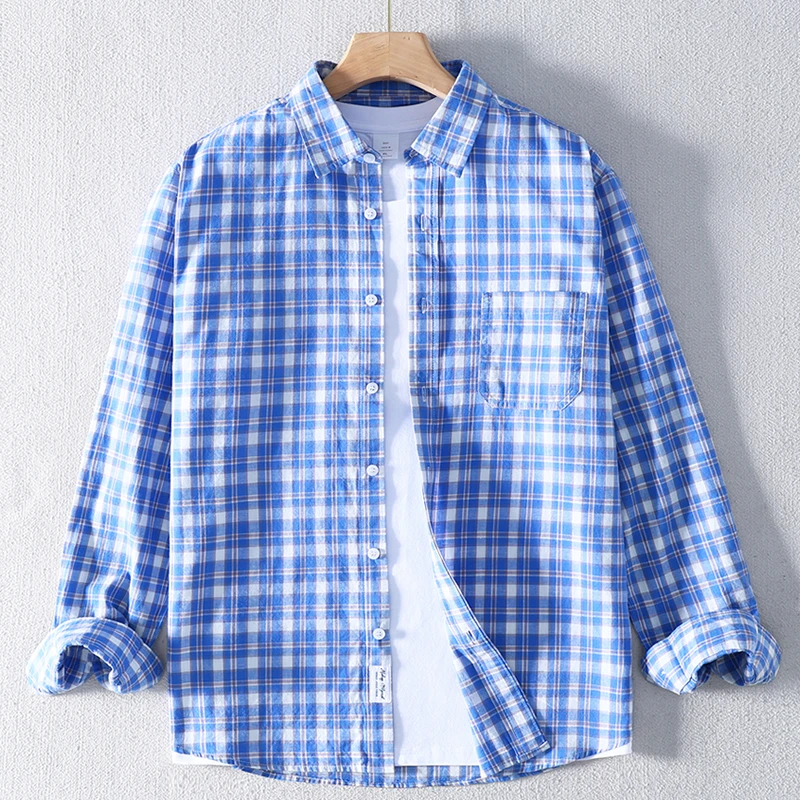 春夏薄款纯棉格子衬衫男长袖纯棉男宽松休闲蓝绿格子衬衣防晒上衣
