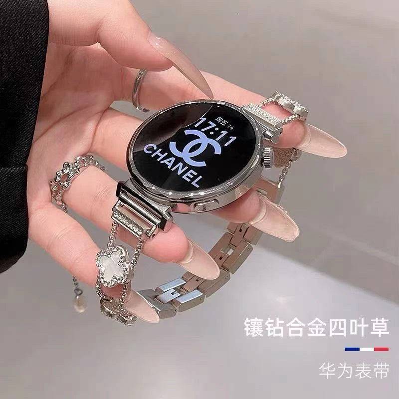 适用华为gt5表带镶钻四叶草轻奢gt4女款表链watch4 pro金属小香风