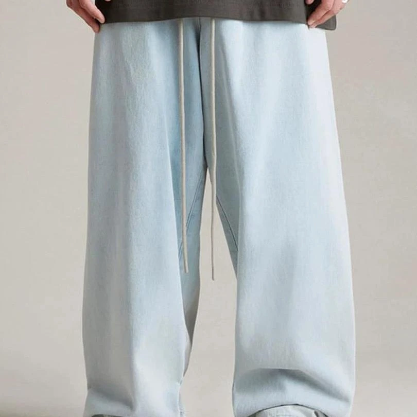 美式高街情侣潮牌休闲系带牛仔裤秋冬高街宽松牛仔束脚长裤