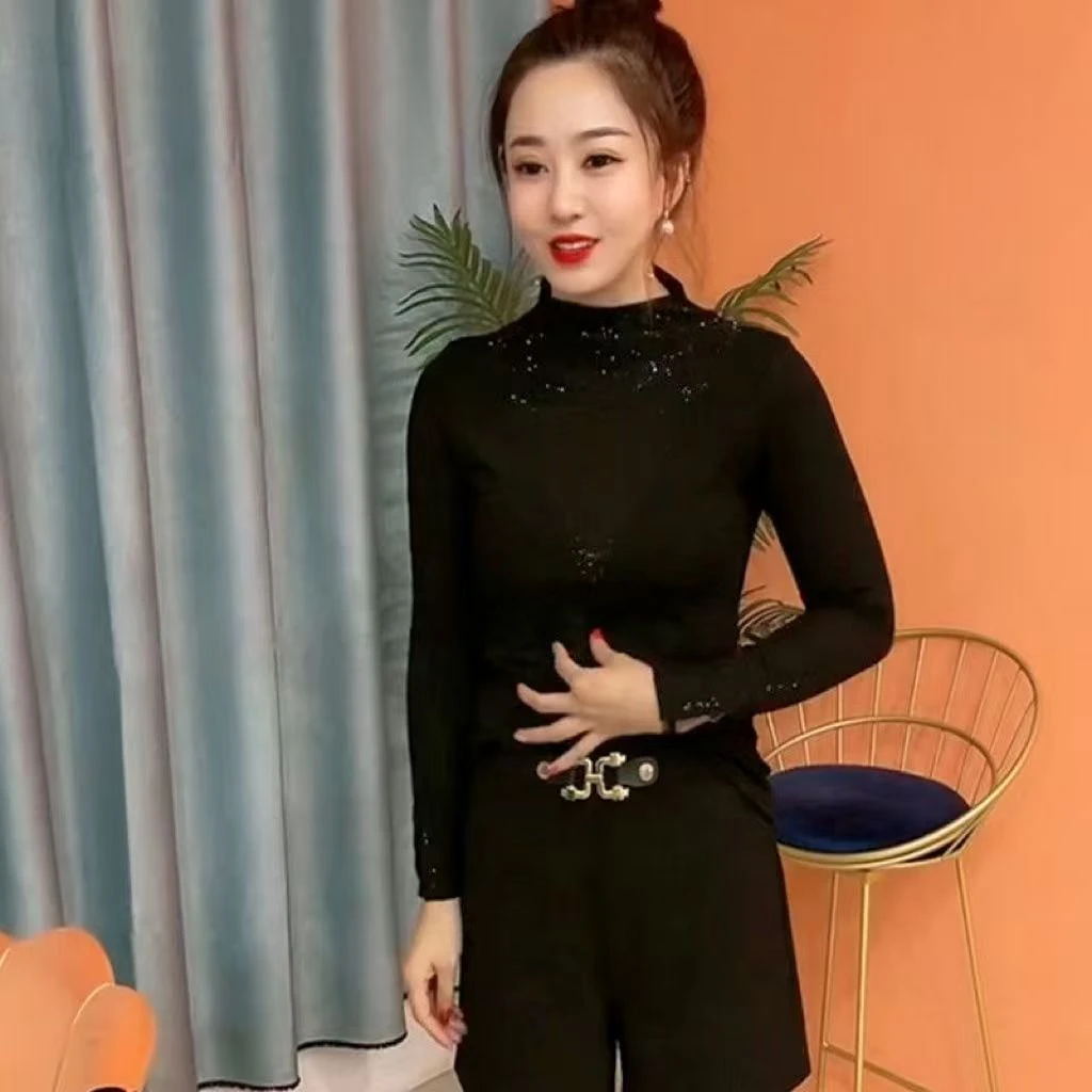 减龄中年重工时尚秋冬衫设计半高领长袖遮肚妈妈上衣烫钻新款保暖