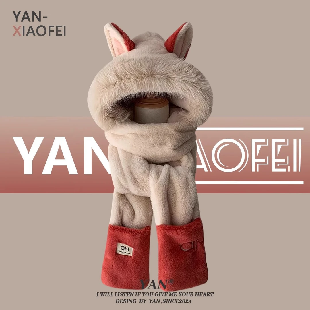 冬天帽子三件套新款毛茸茸火狐狸耳朵保暖滑雪围巾手套一体帽