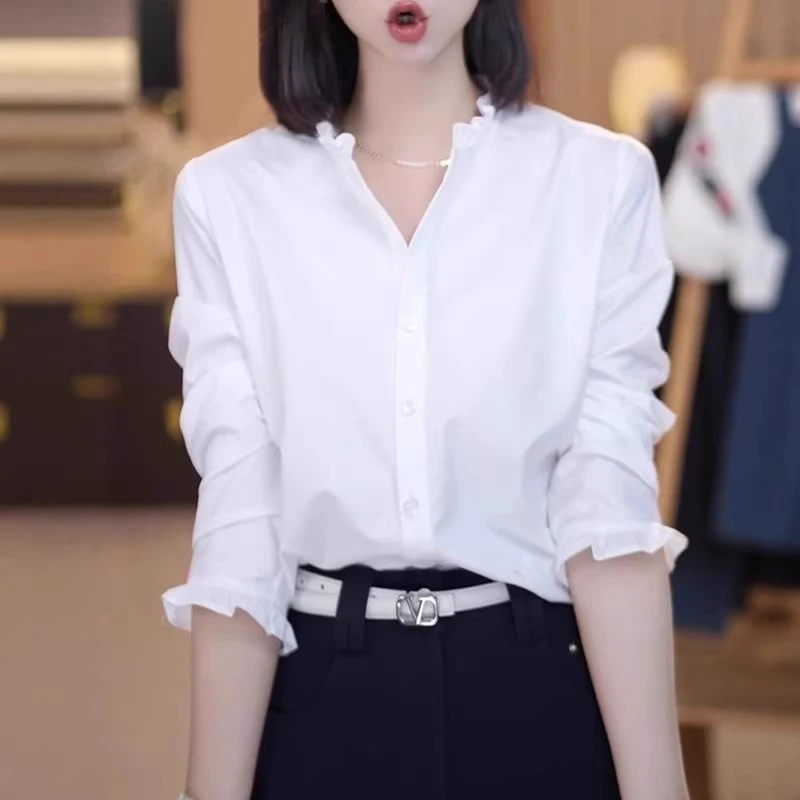 大码法式气质木耳边白色衬衫女秋2025新款胖mm显瘦洋气高级感上衣