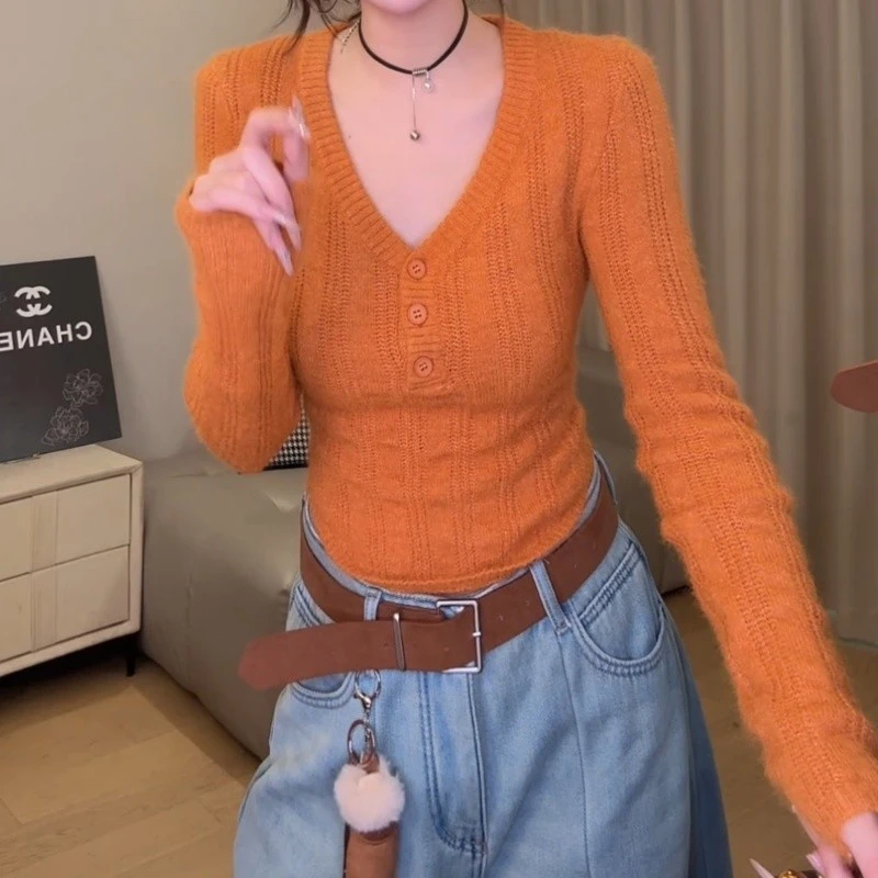 美式辣妹v领针织衫女秋冬新款纯欲风修身显瘦内搭打底衫短款上衣