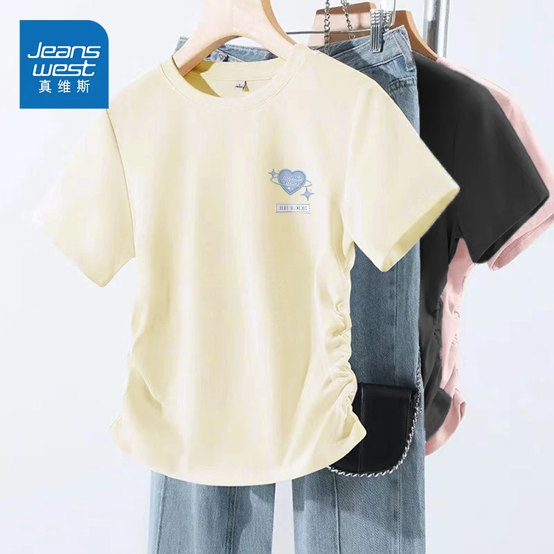 真维斯抽褶短袖t恤女夏季2025新款正肩修身显瘦半袖洋气百搭衣服