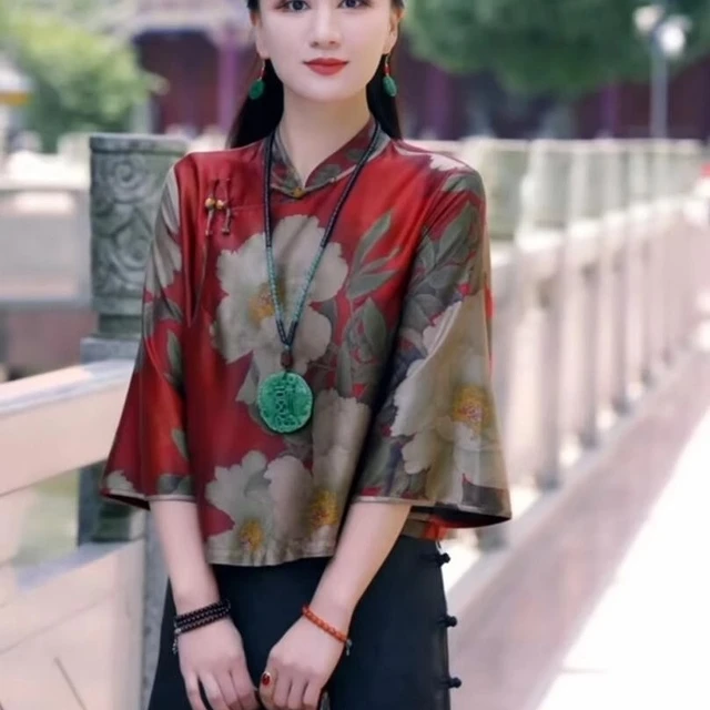 国风复古中式牡丹花印花香云纱上衣女2025春夏秋洋气女盘扣短外套