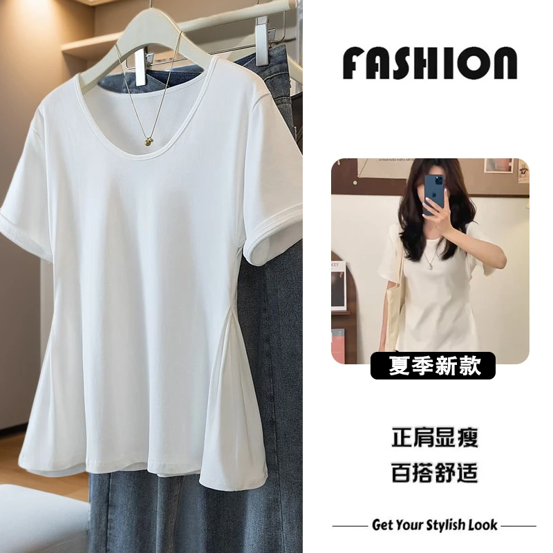 230斤胖mm大码短袖u型领t恤女纯色拼接显瘦百搭正肩微胖御姐气质