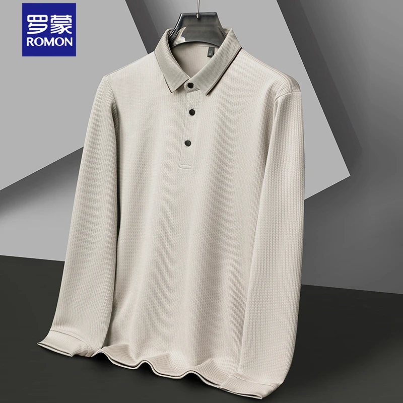 罗蒙Polo衫长袖男纯色百搭衬衫打底男装上衣潮流男士修身宽松