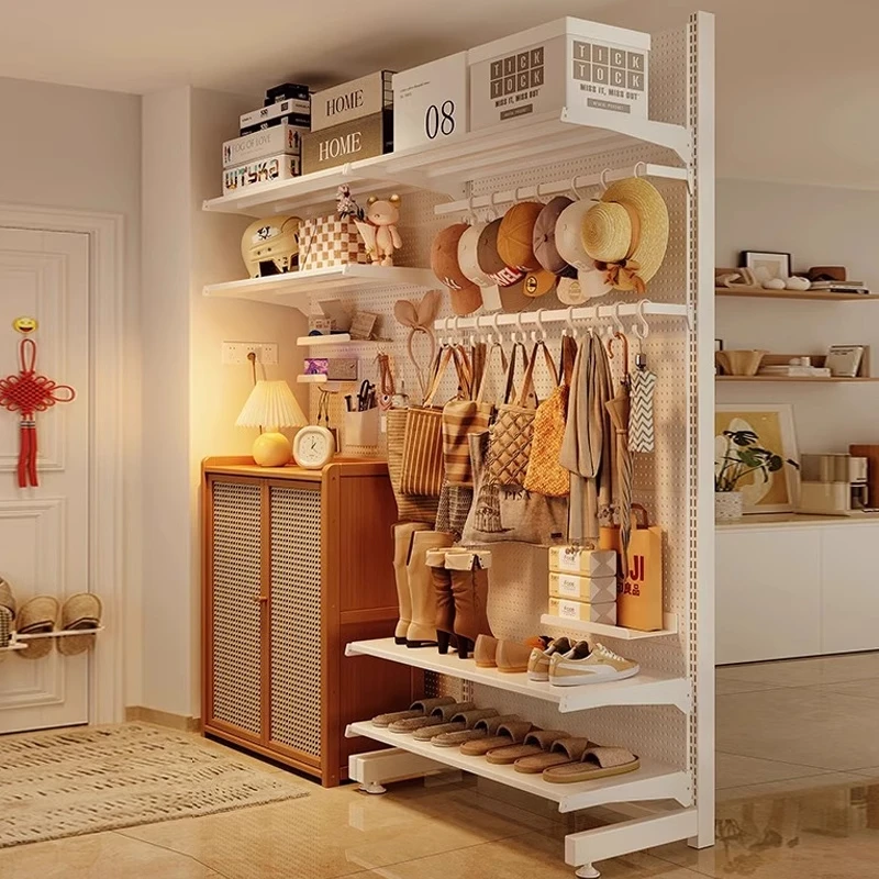 立式洞洞板免打孔隔断置物架落地入户玄关收纳架家用金属衣帽鞋架