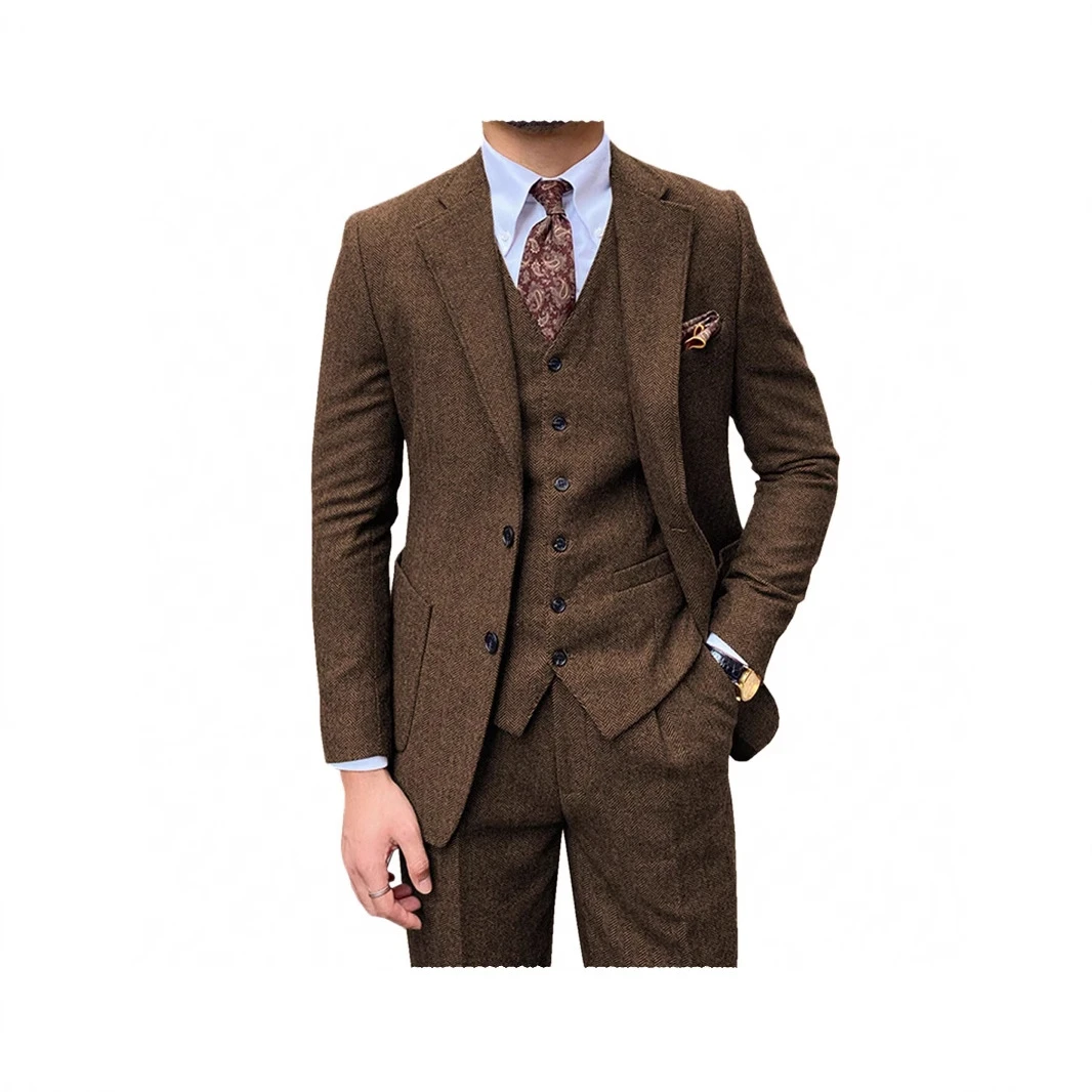 热卖男士西装三件套新款粗纺毛呢人字纹西服商务宴会伴郎服