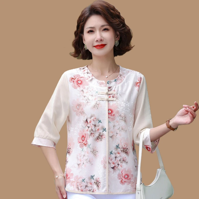 妈妈夏装2025新款七分袖上衣洋气小衫中老年女春夏休闲显瘦t恤薄