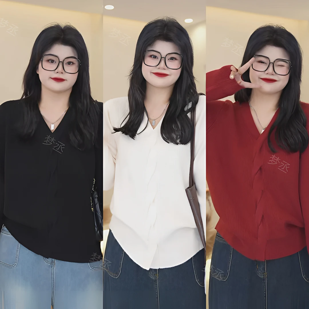 【小漏香肩】大码女装冬季V领镂空麻花设计感宽松减龄针织衫