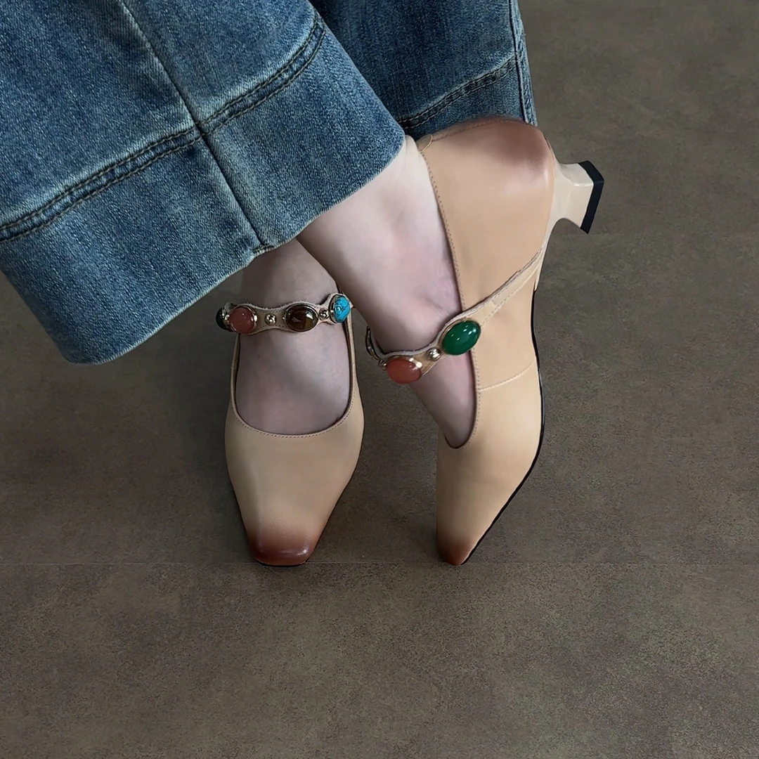 3.5cm/ED2292牛皮方头渐变复古浅口时尚单鞋女低跟百搭法式玛丽珍