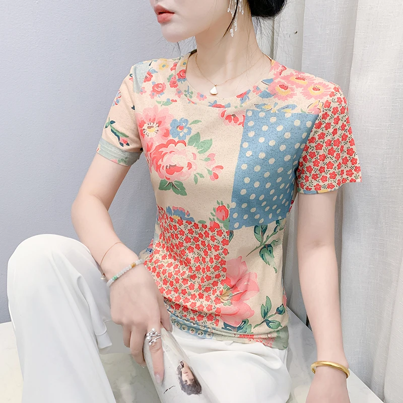 圆领印花修身型短袖几何印花弹性半袖T恤打底衫气质韩版女士夏季