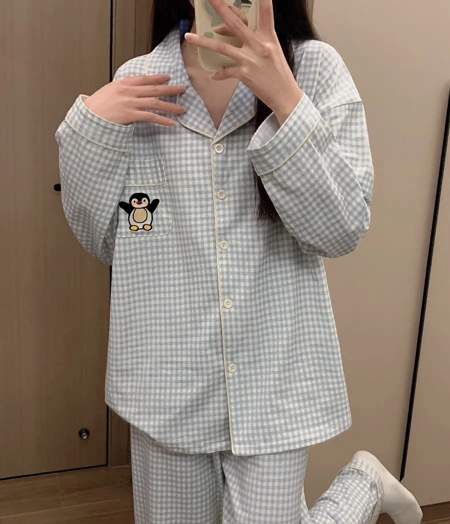 韩版格子企鹅纯棉睡衣女春秋季长袖卡通休闲宽松甜美家居服两件套