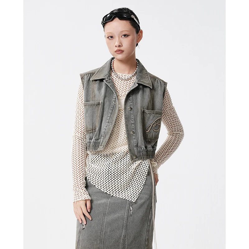 D63女装25春季复古水洗休闲无袖马夹短款牛仔马甲外套5F1J16109