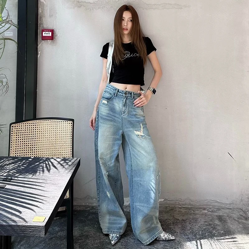 美式小众复古做旧2025春夏破洞牛仔裤女高腰显瘦垂感直筒阔腿裤子