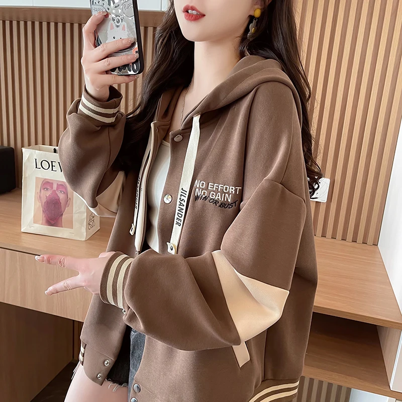 棒球外套开衫撞色卫衣女2025新款春秋薄款宽松韩版连帽设计上衣潮